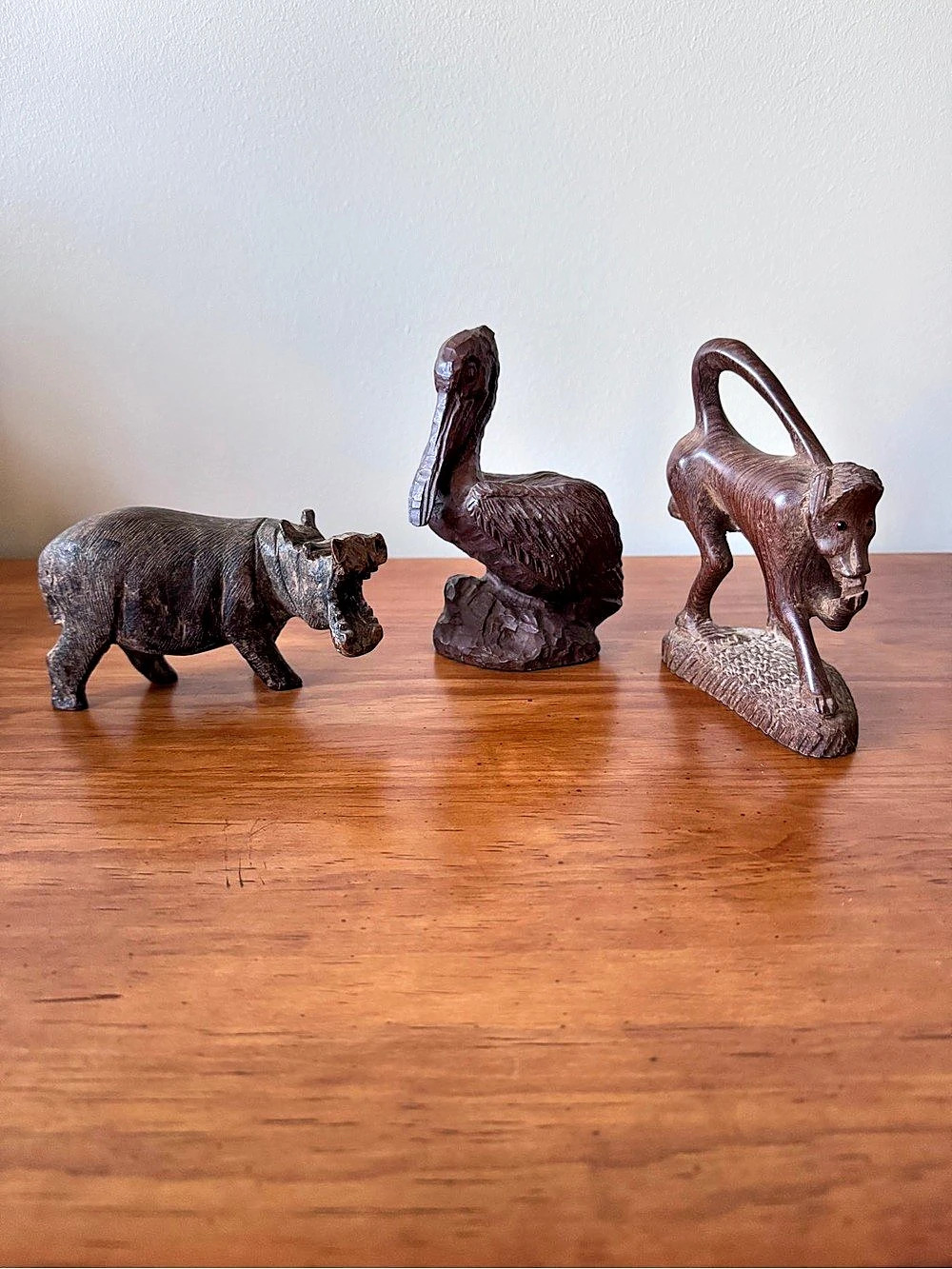 Hippo- Pelican- Baboon- Bali Man Figurine Sculpture Set (wood and ironwood)